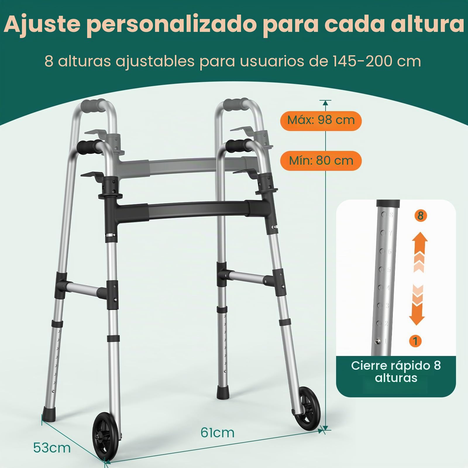 LW01 Andador Plegable con Ruedas para Mayores, Ayuda de Movilidad 2 en 1 con Conteras de Goma y Deslizadores, 8 Ajustes de Altura, Aluminio Ligero hasta 136 kg, Interior/Exterior