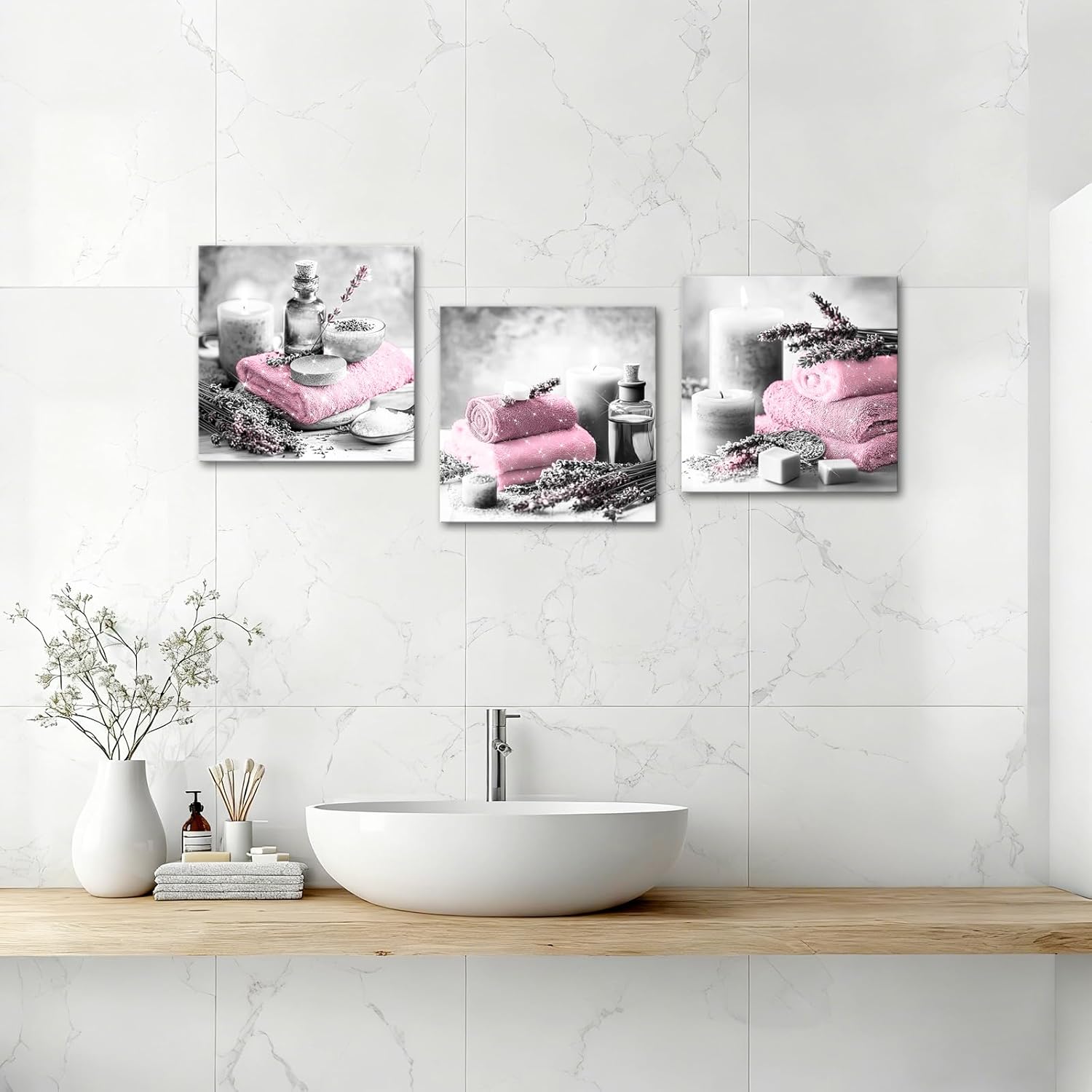 Nachic Wall Lavender Spa Bathroom Wall Art Spa Room Wall Decor Towels Candles for Relaxation Themed Canvas Prints Treatment Massage Painting for Bedroom 12"x12"x3pcs (Pink)