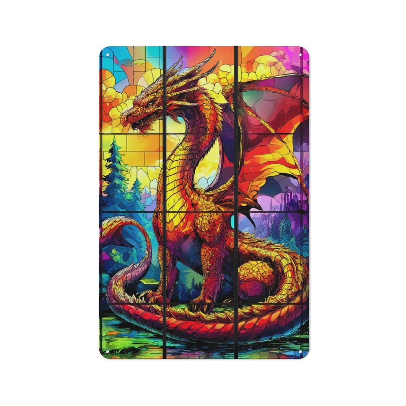 Junmoney Stained Glass Dragon Majesty -5 Country Vintage Metal Wall Decor 30X20cm, Country Metal Sign For Kitchen, Cottage, Porch Or Garden Room
