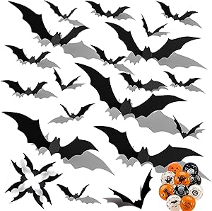 Halloween 3D Bats Decoration Stickers-Hallowmas Scary Bat Decal for Home Decor DIY Window Party Bathroom Indoor Supplies-Free 10 Halloween Decoration Balloons (80+10PCS)