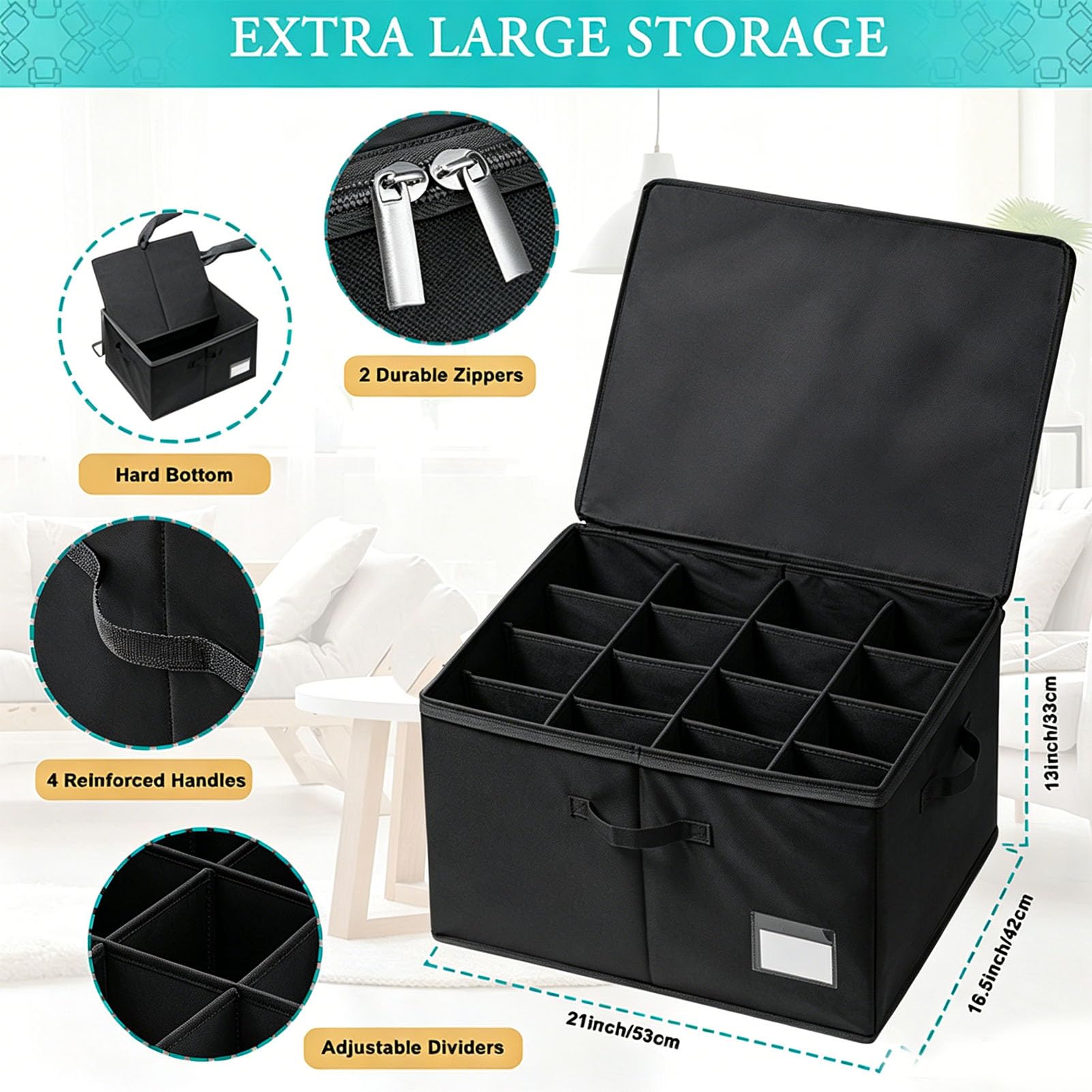 Duokon Organizer per Scarpe in Tessuto Oxford, Impilabile, Resistente All’acqua e Alla Polvere con Divisori Rimovibili e Maniglie Rinforzate for 16 Paia (BLACK)