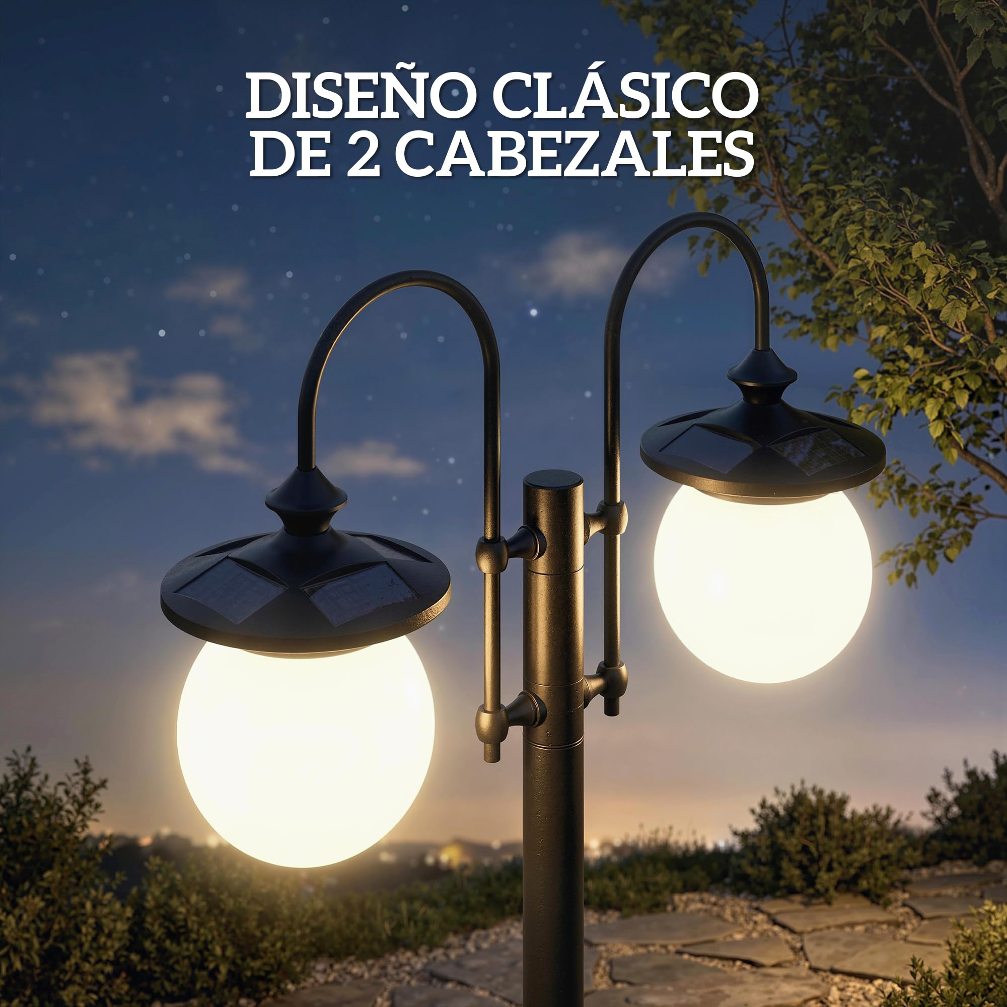Outsunny Farola Solar Exterior de Jardín con Macetero 53,5x30x182cm Negro | 2 Cabezales, Impermeable IP44, Encendido/Apagado Automático, Altura Ajustable, Luz Solar de Exterior LED, Terraza Patio