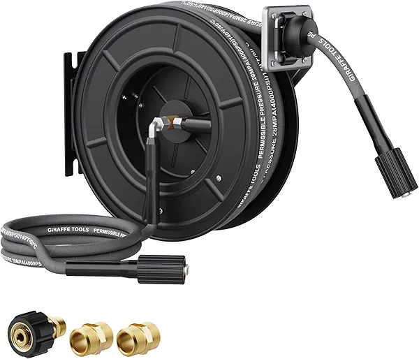 Giraffe Tools Pressure Washer Hose Reel, 1/4" × 60ft Auto Rewind Hose Reel, Wall/Floor Mounted with Adjustable Guide Arm, 4000 PSI