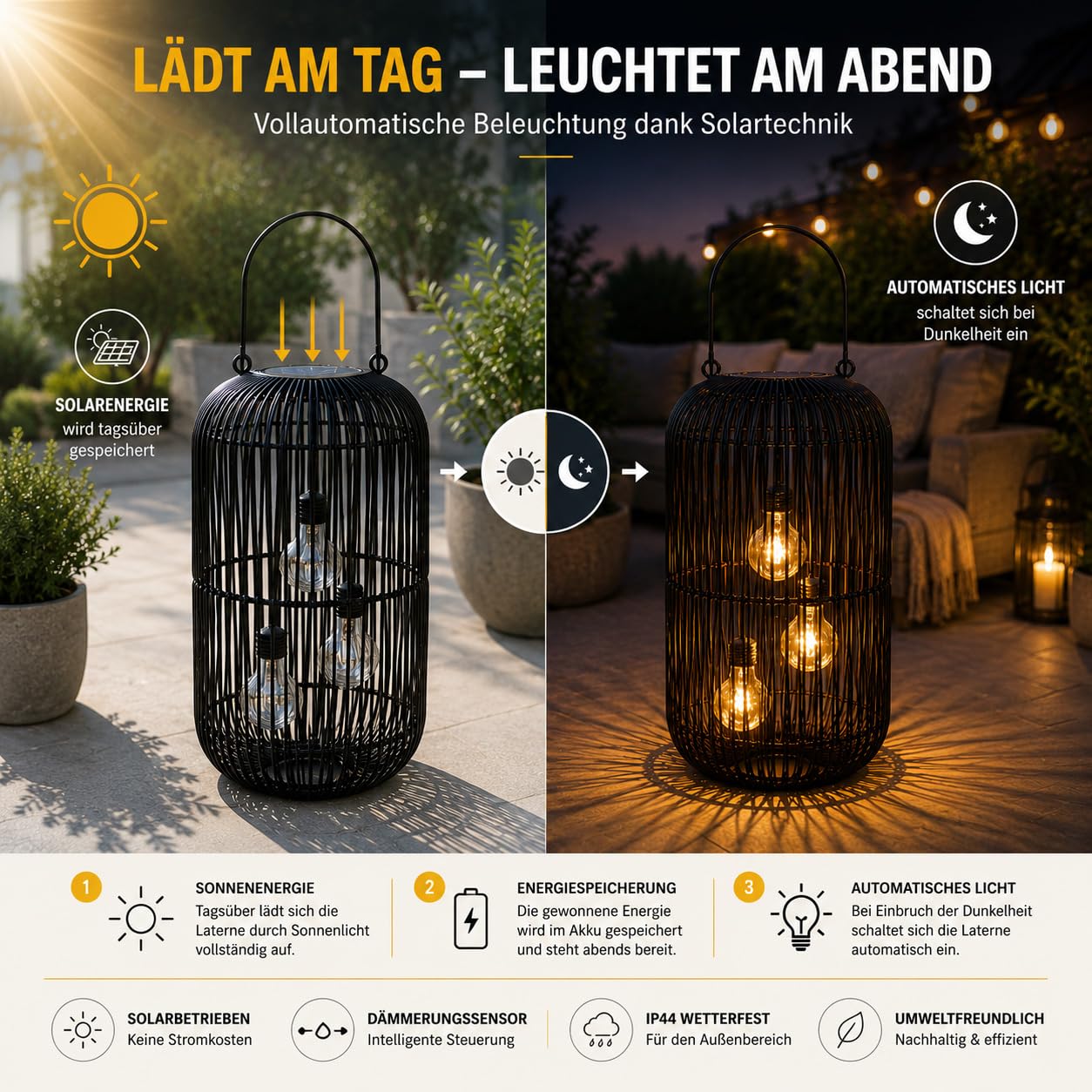 formano Solarlaterne Außen Rattan Look 45 cm mit 3 LED Birnen & Sensor