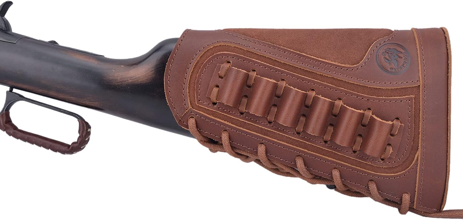 Leather Gun Buttstock Cheek Rest Pad Rifle Ammo Holder for .30-30 .44mag .357 .308 .45-70 12GA 16GA 20GA