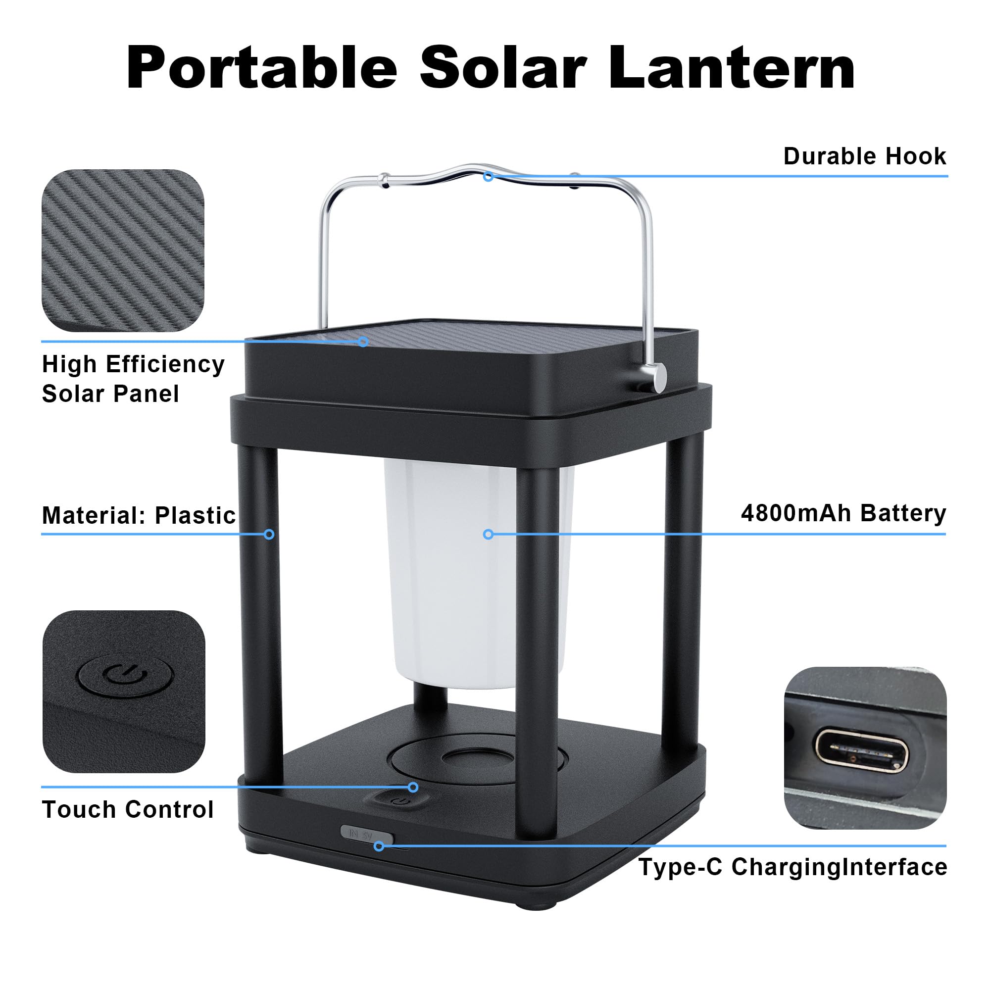 Lanterne solaire d'extérieur sans fil avec contrôle tactile, lanternes solaires étanches rechargeables pour lecture, marche, camping