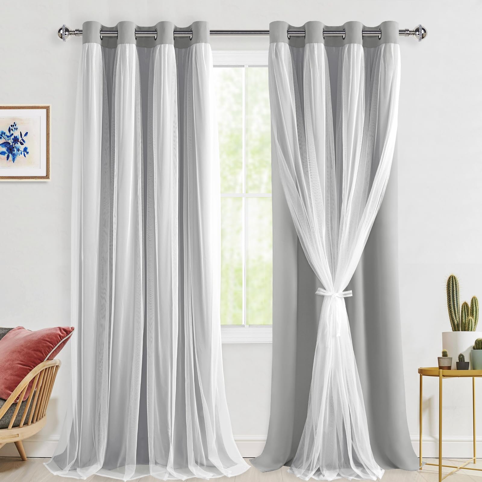 Rideaux occultants thermiques double couche anti-regard gris argenté pour chambre