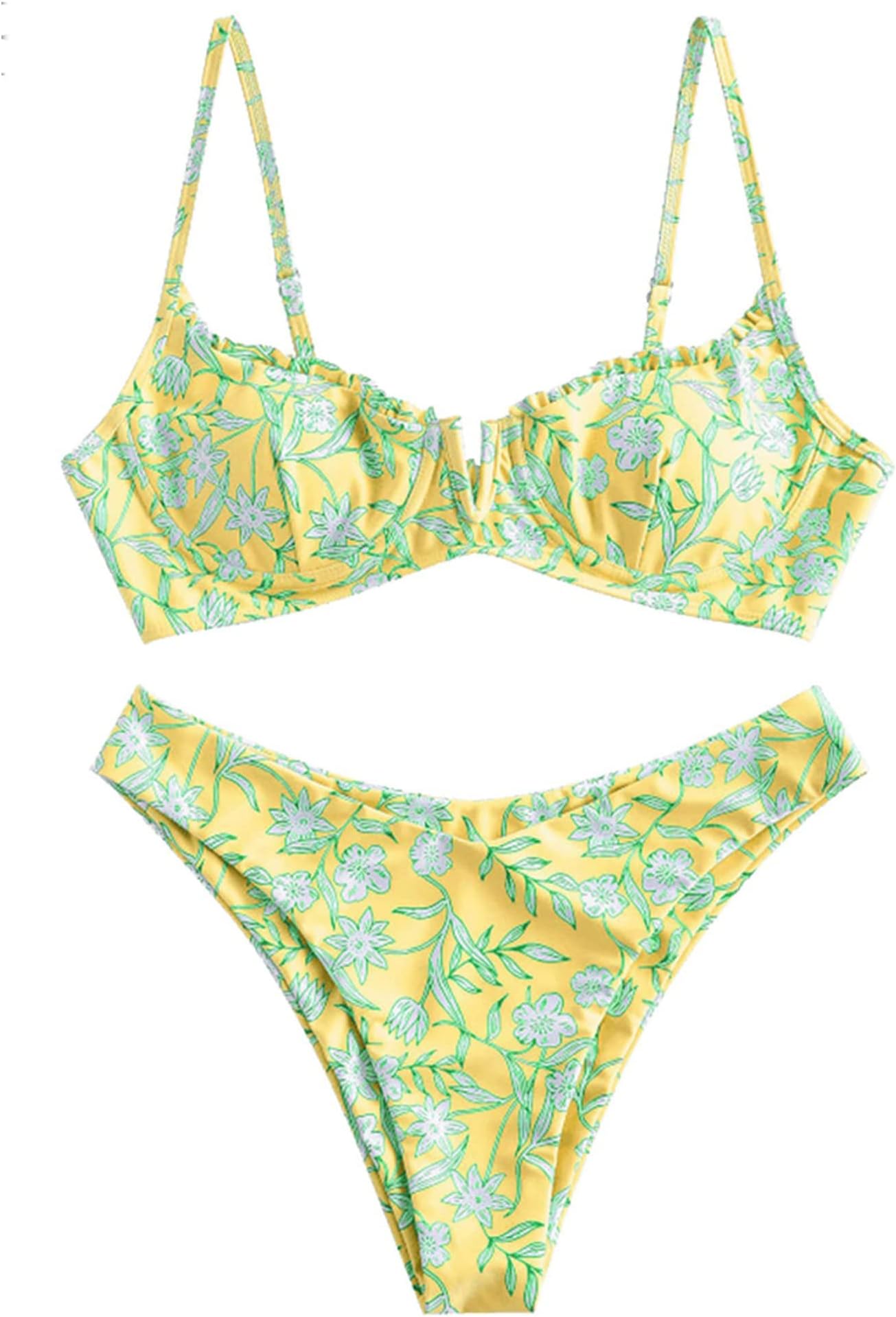 Women's Underwire Bikini Floral High Cut Bikini Set V-Wired Two Piece Swimsuit Bathing Suit
