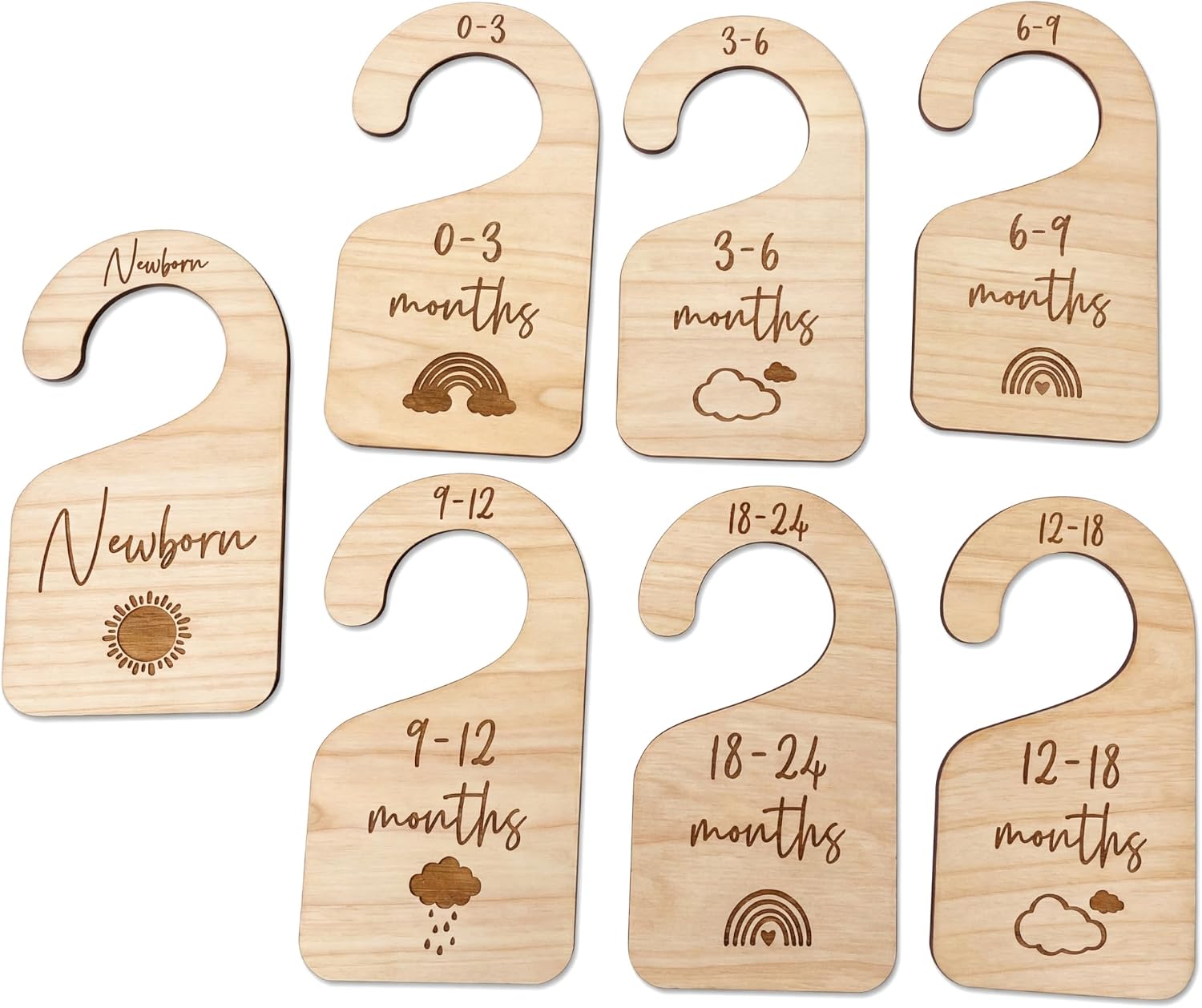 7-Pack Wooden Baby Closet Dividers, Boho Nursery Clothing Organizers for Newborn to 24 Months, Engraved Milestone Markers