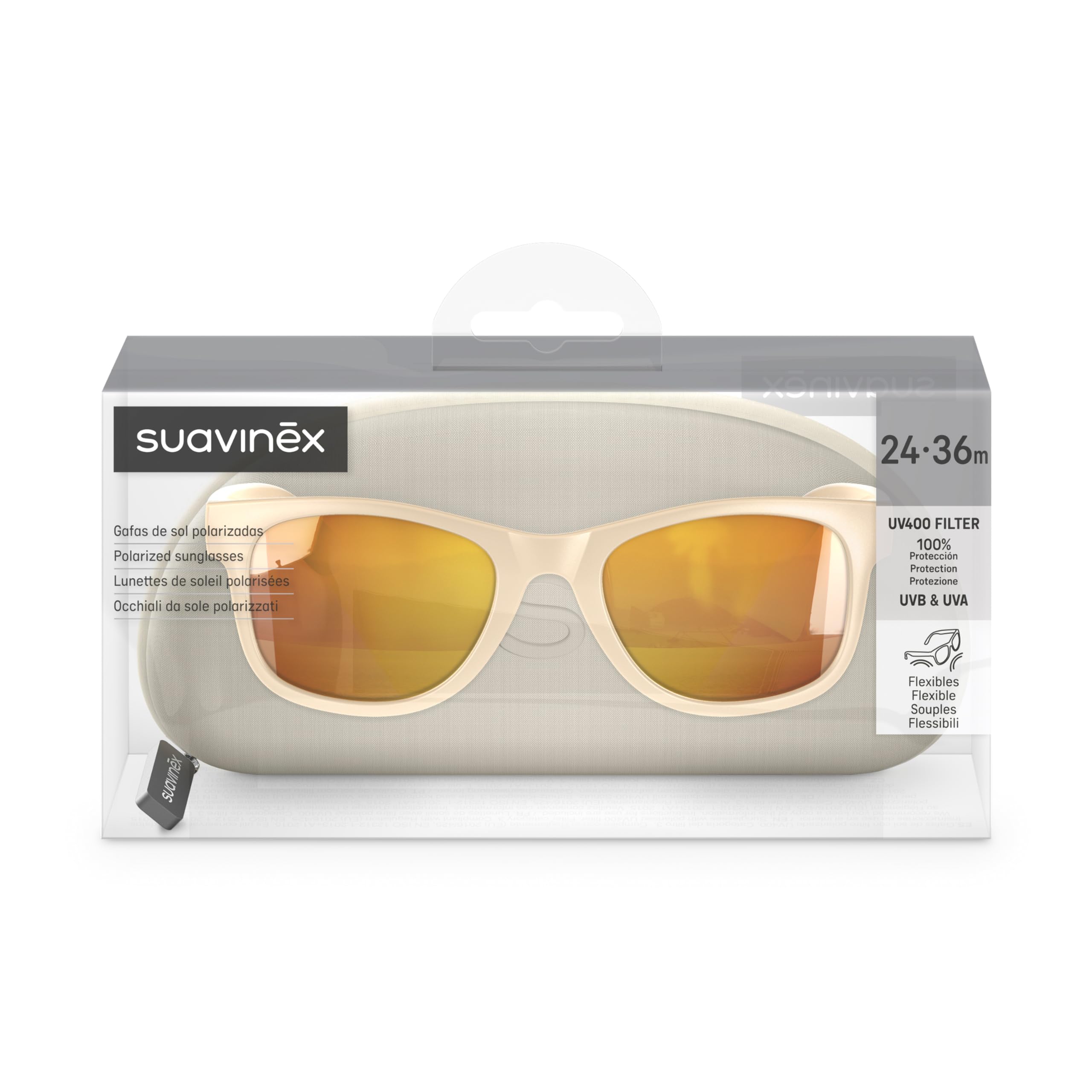 Suavinex, Occhiali da Sole per Bambini da 2-3 Anni, Polarizzati, con Filtro UV 400, Protezione al 100% dai Raggi UVA e UVB, Custodia e cordino Inclusi, Flessibili e Leggeri, beige