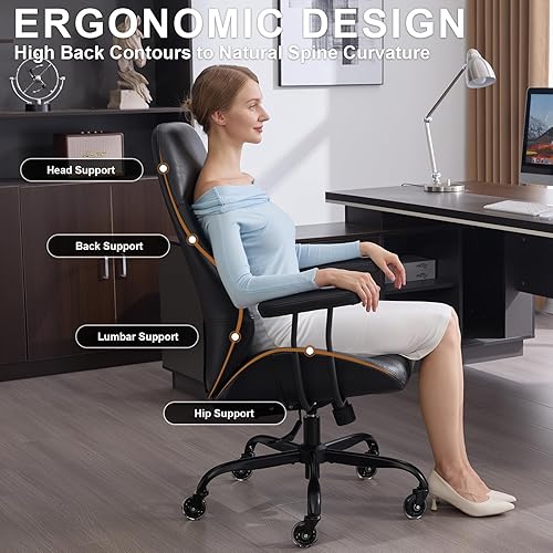 Miniatura 3 de Silla de escritorio de oficina en casa, silla ergonómica de cuero con respaldo alto, soporte lumbar, altura ajustable y reclinable, silla de oficina