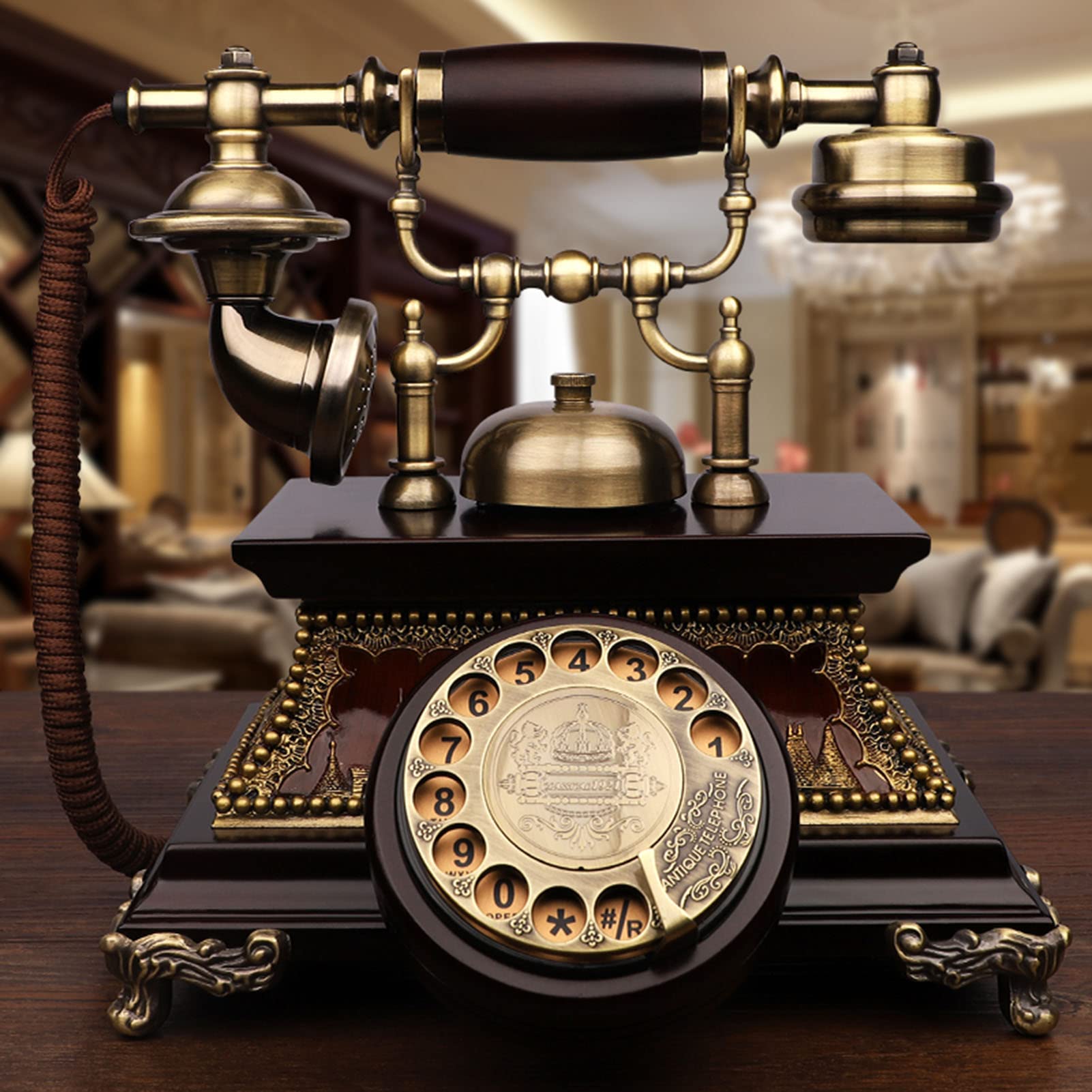 Telefon, telefon retro obrotowy, telefon retro z tarczą obrotową, telefon stacjonarny analogowy, telefon stacjonarny, klasyczny staromodny telefon stacjonarny do domu, biura, hotel