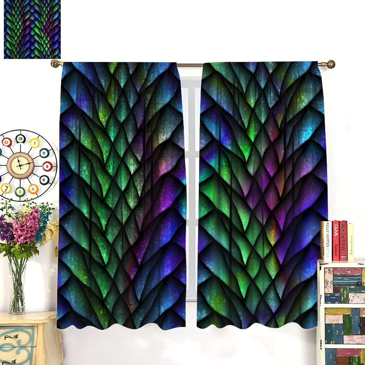 Dragon Curtains, Fantasy Pink Purple Watercolor Metal Dragon Scales Drapes for Bedroom Living Room Kitchen Window Treatment 2 Panels Set Total Size 72" W X 63" L Inch