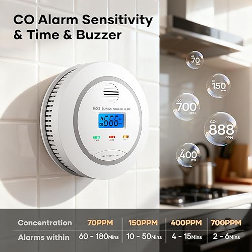 Miniatura 5 de Paquete de 3 detectores de monóxido de carbono, funciona con pilas, alarma de humo y CO 2 en 1 con pantalla digital LCD, detector de monóxido de
