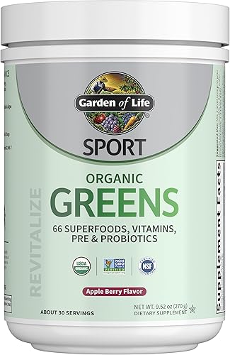 Garden of Life Sport Nutrition Verdes y superalimentos en polvo para mujeres y hombres, bayas de manzana, mezcla orgánica, espirulina, fruta,