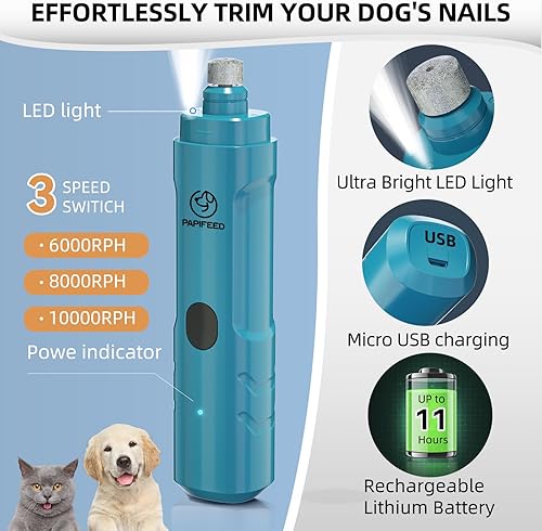 Miniatura 2 de PAPIFEED Molinillo de uñas para perros con 2 luces LED, recortadora de uñas recargable de 3 velocidades, potente lima de uñas eléctrica mejorada,