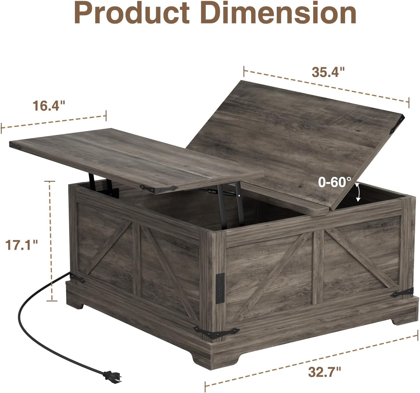 Diagram showing the dimensions of the coffee table with the lift top open.