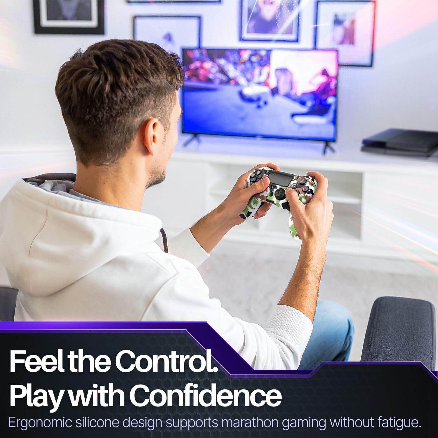 TNP for PS4 Controller Skin Cover Case - Camo Protective Soft Silicone Gel Rubber Shell & Anti-Slip Thumb Grip Caps Compatible with PlayStation Slim/Pro Controller (Camo Green White)