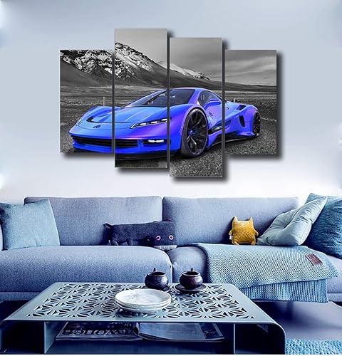 Miniatura 7 de Meigan Art - Póster de pared en blanco y negro, 4 piezas, diseño de automóvil deportivo azul, lienzo grande para habitación de niños, dormitorio,