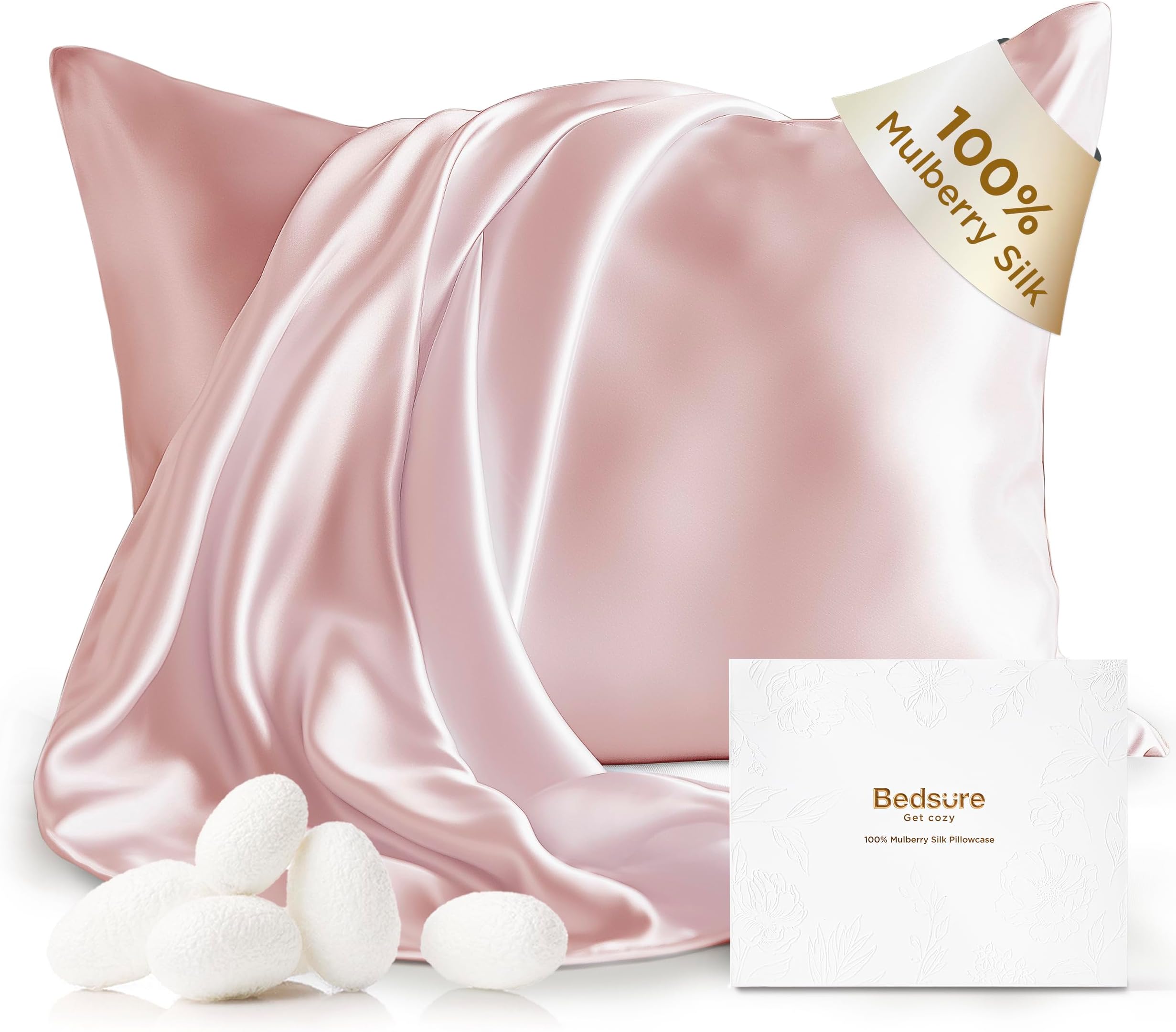 Bedsure 100% Mulberry Silk Pillowcase for Hair and Skin,Pink Silk Pillow Case with Hidden Zipper, Gifts for Women Men, King Size Single Pack,20x36 Inches
