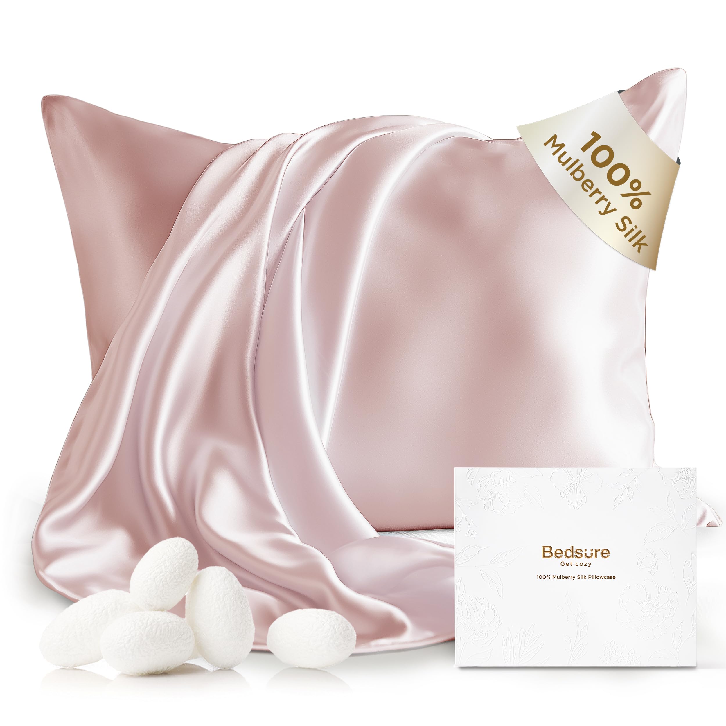 Bedsure 100% Mulberry Silk Pillowcase for Hair and Skin,Pink Silk Pillow Case with Hidden Zipper, Gifts for Women Men, King Size Single Pack,20x36 Inches