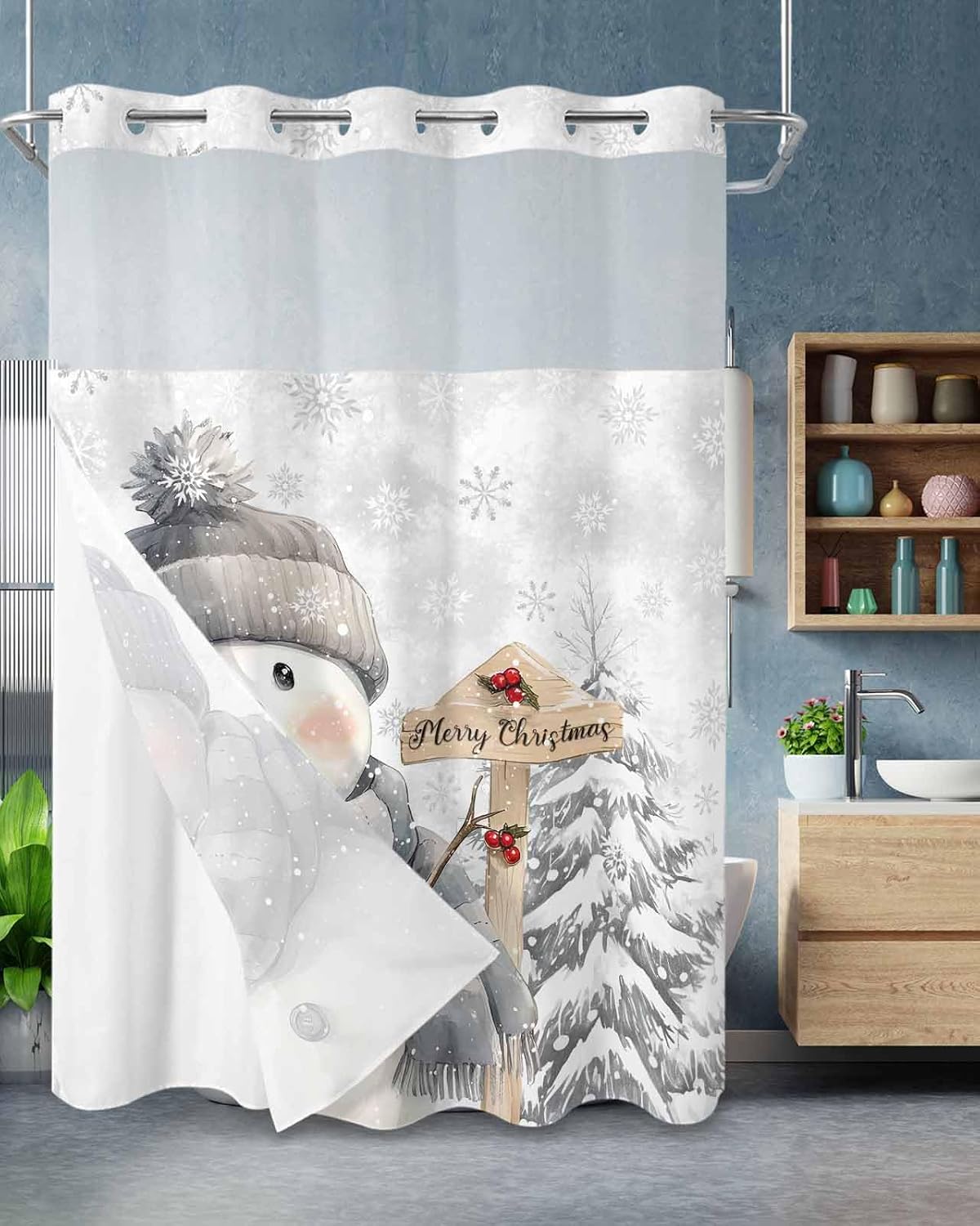 Christmas No Hook Shower Curtain with Snap in Liner, Winter Snowman Xmas Pine Tree Shower Curtain for Bathroom Waterproof Merry Christmas Bath Curtain with See Through Mesh Top Window, 48" x 72"