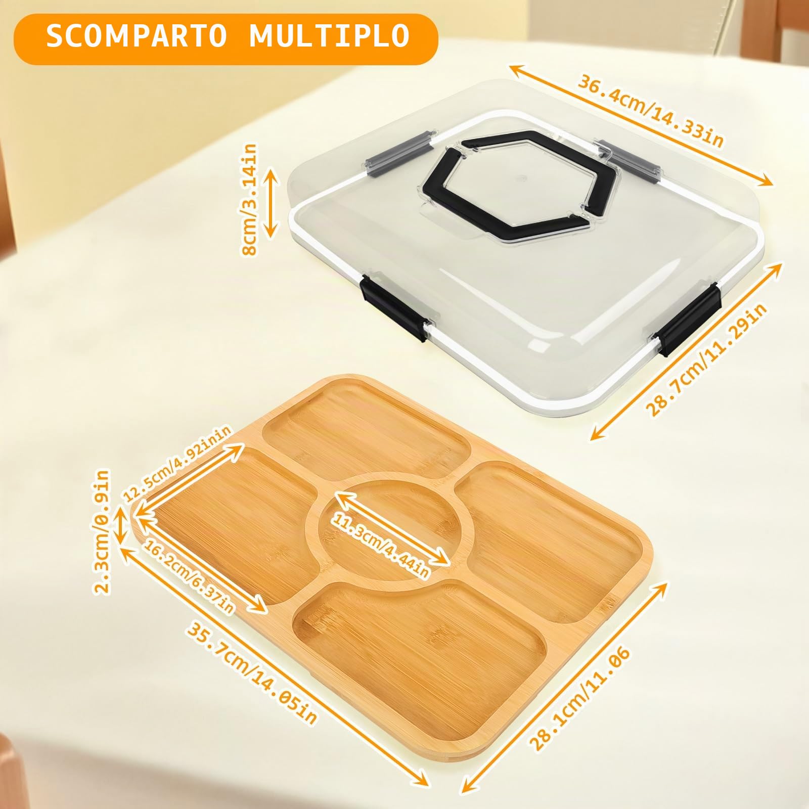 Tagliere per salumi con coperchio trasparente e manico,Vassoio da Portata in Bambù,Vassoio Aperitivi Con Coperchio e 5 Slot,Contenitori per Frutta, Snack, Dolci, Verdure, Noci, Picnic