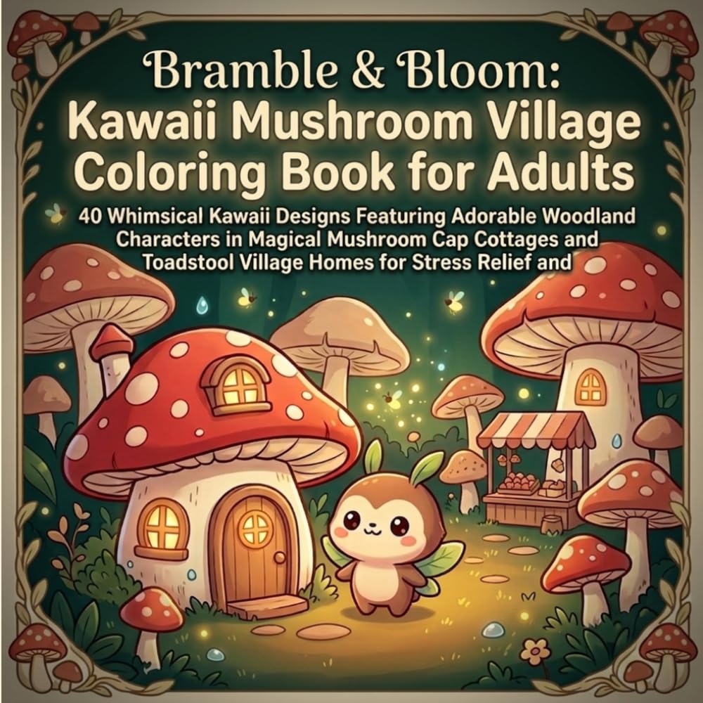 Bramble & Bloom: Kawaii Mushroom Village Adult Coloring Book: 40 Whimsical Kawaii Designs Featuring Adorable Woodland Characters in Magical Mushroom ... Homes for Stress Relief and Relaxation