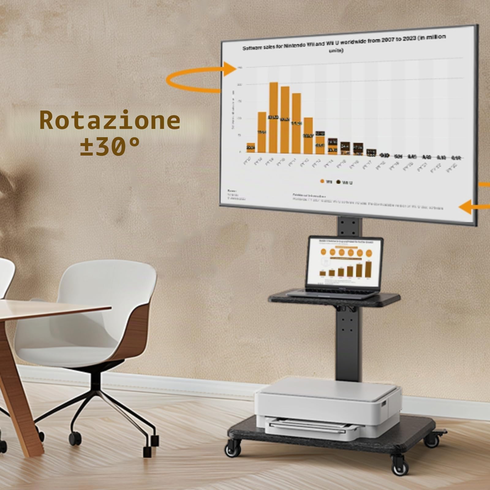 Supporto TV mobile Perlegear, carrello TV inclinabile e girevole per TV da 32 a 65 70 75 pollici fino a 50KG, supporto TV rotante regolabile in altezza con ruote, VESA massimo 600x400 mm
