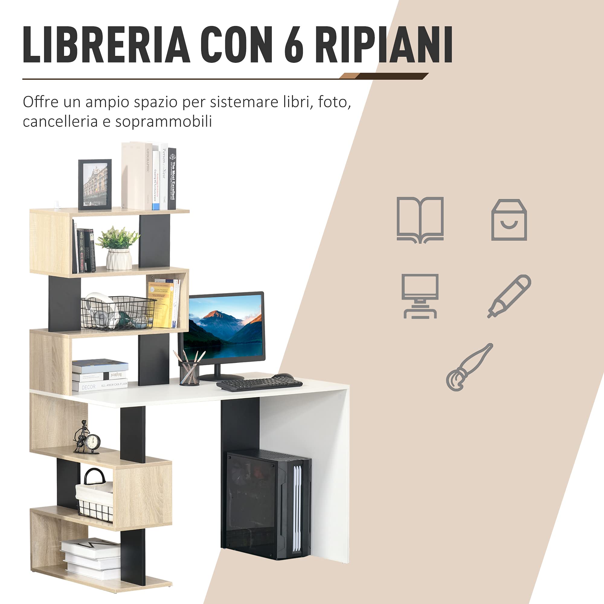 HOMCOM Scrivania con Libreria per Camera Ufficio 120x60x148cm Multicolore | Scrivania Ufficio, Porta PC, in Legno