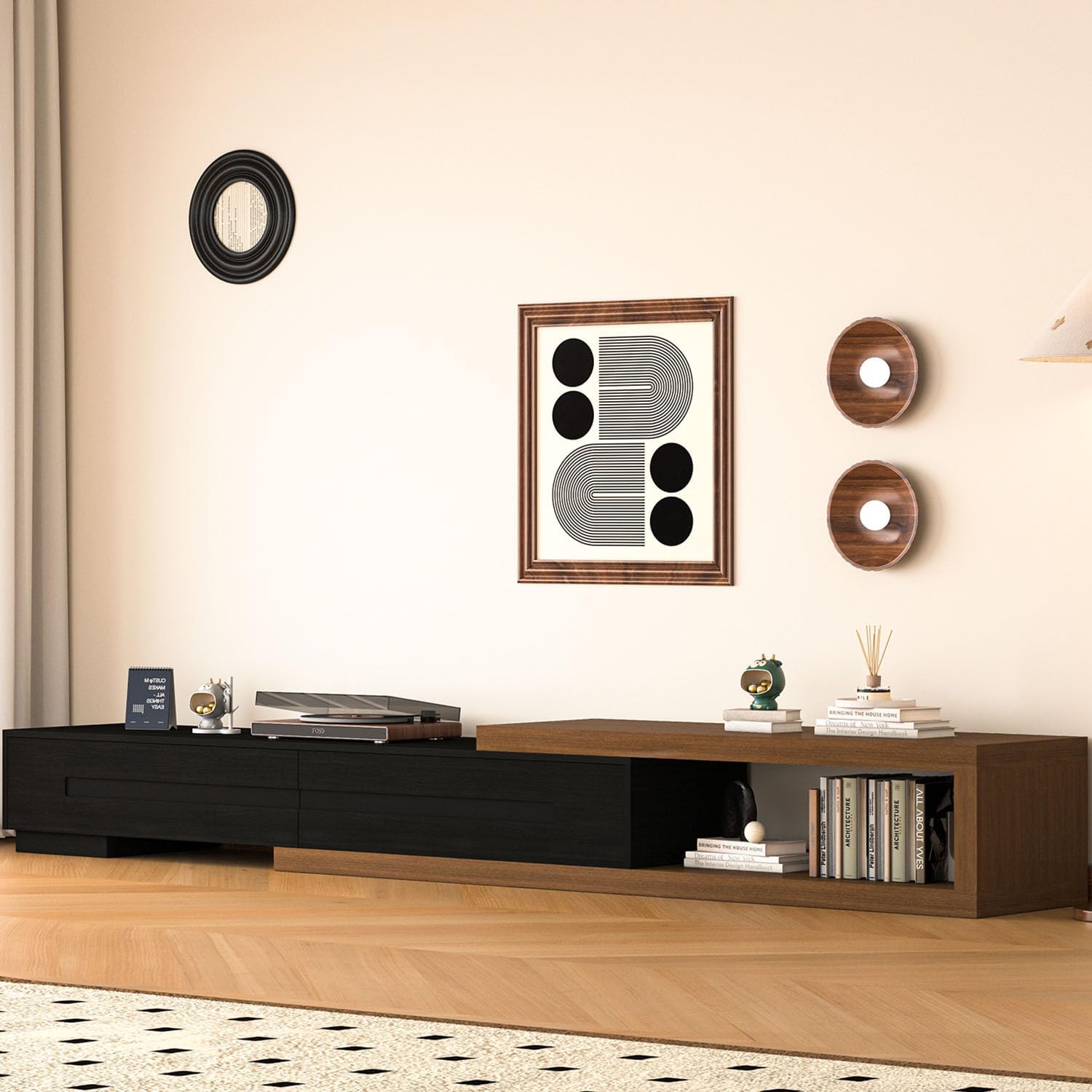 80’’-115’’ Extendable TV Stand for 120 Inch TV, Walnut Wood Modern Entertainment Center, Rectangle TV Console Table, Extendable, Black