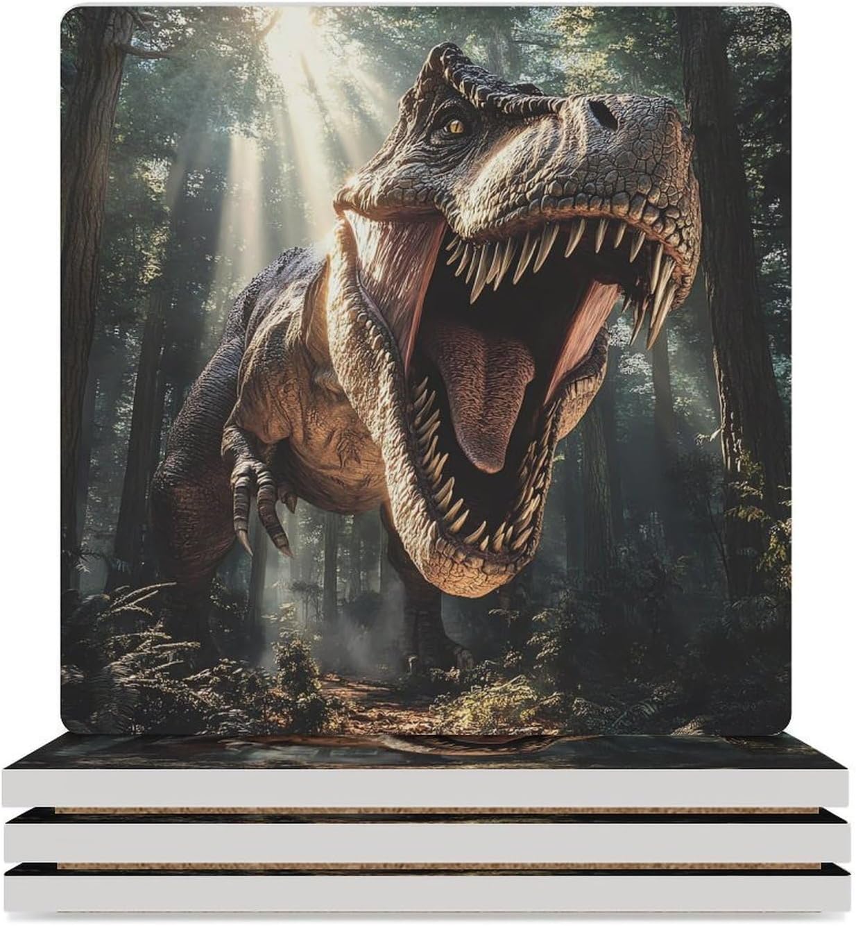 Dinosaur Ceramic Coasters Set Square Drink Coasters Table Coaster for Kitchen Desktop Decor