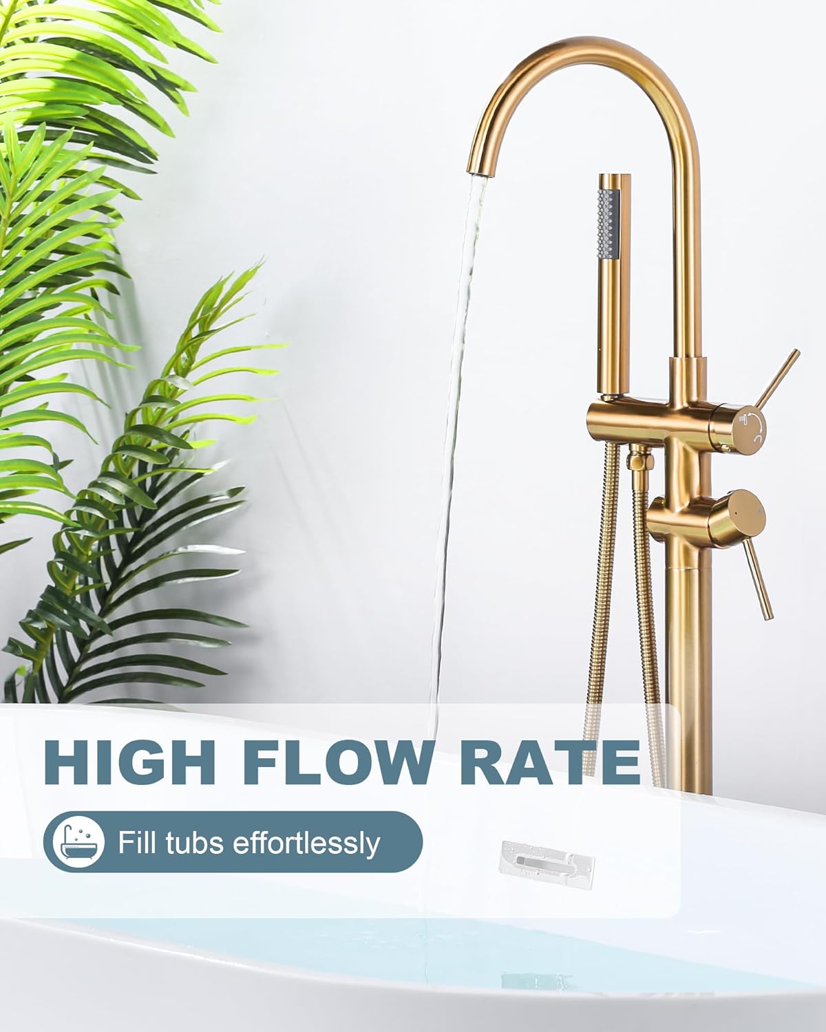 Freestanding Bathtub Faucet Brushed Gold, Floor Mount Tub Filler, High Flow Brass Shower Faucets with Handheld Sprayer for Bathroom - Image 3