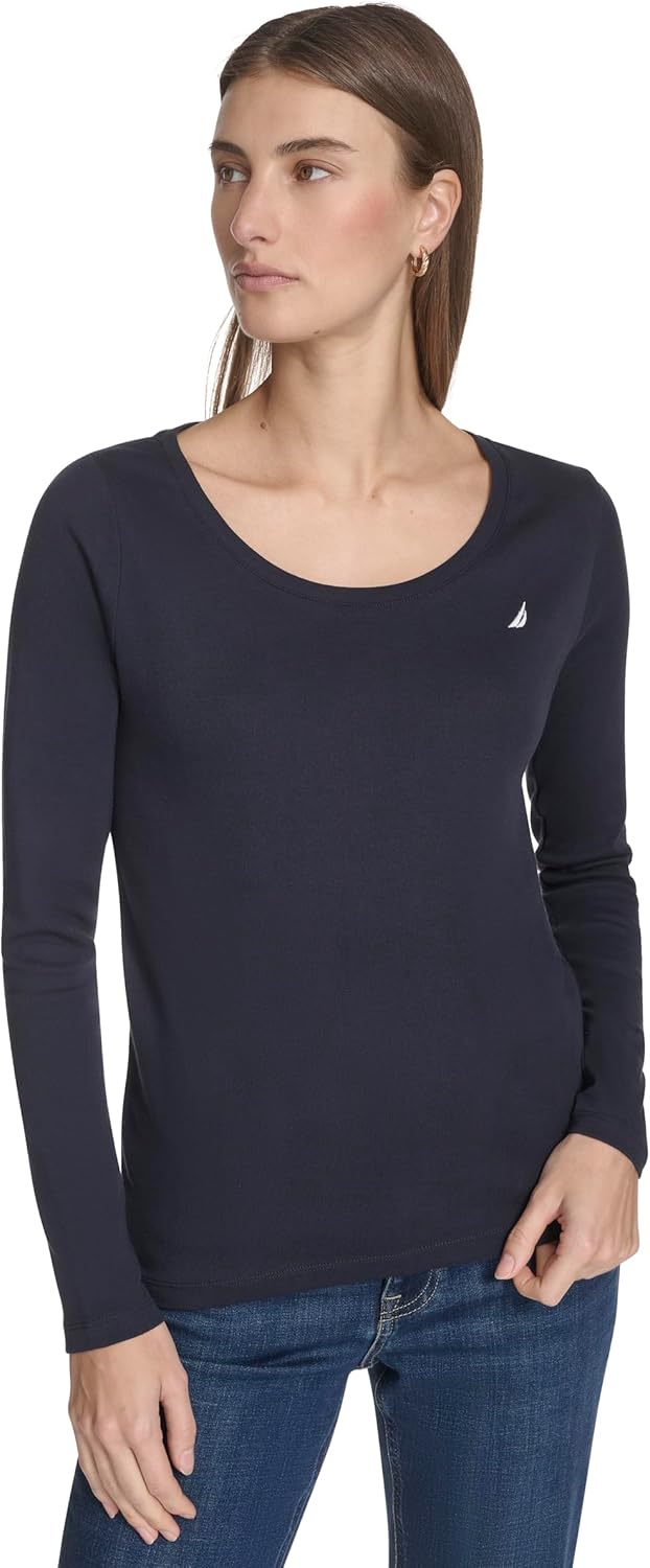 Nautica Womens Long Sleeve Solid Scoop Neck Cotton T-Shirt