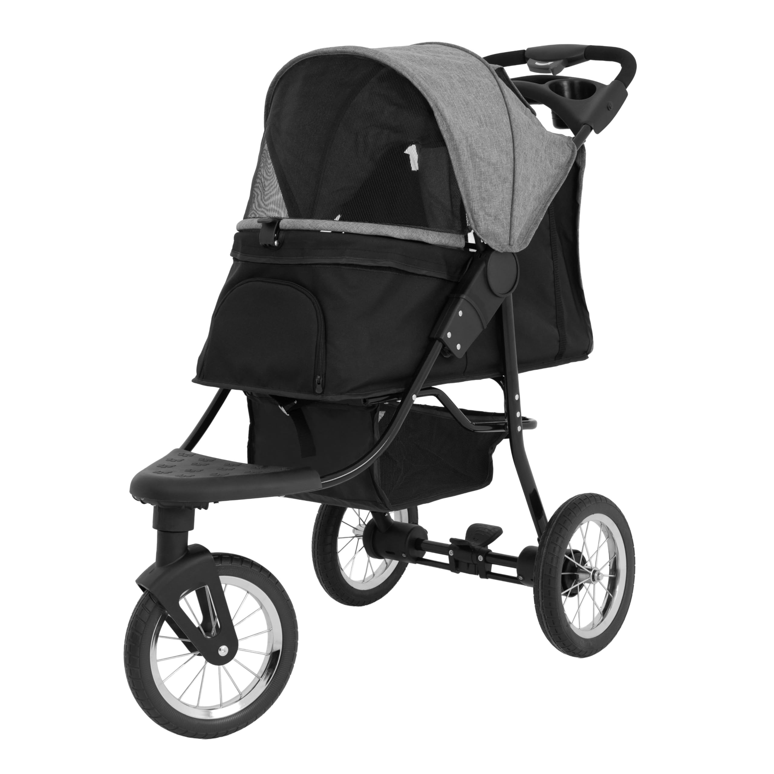 Faltbarer 3 Rad Buggy für Haustiere | Grau | Reise Jogger kleine bis mittelgroße Hunde Katzen bis 22kg | 3 schlauchlose Räder Netzbelüftung Korb Getränkehalter Caddy-Tasche Regenschutz