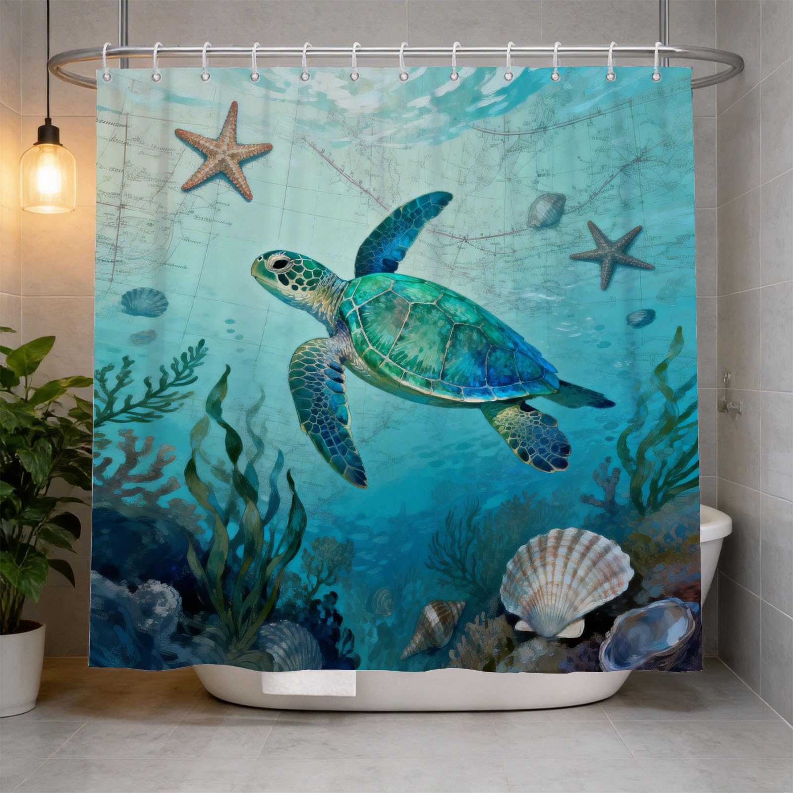 Hongduo 3D Map Sea Turtle Shower Curtain for Stalls Bathtubs Vintage Nautical Bathroom Decor Shower Curtain Set Polyester Fabric Waterproof 200x200cm/79X79 Inch with Hooks