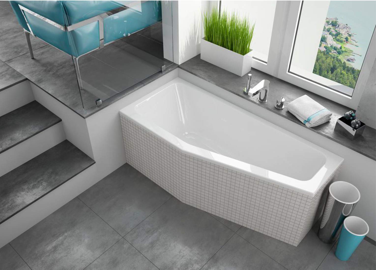 ECOLAM® raumsparende Badewanne Eckwanne Acryl weiß Keos 160x70 cm LINKS + Ablaufgarnitur Ab- und Überlauf Automatik Füße Silikon mit Antirutsch-Oberfläche