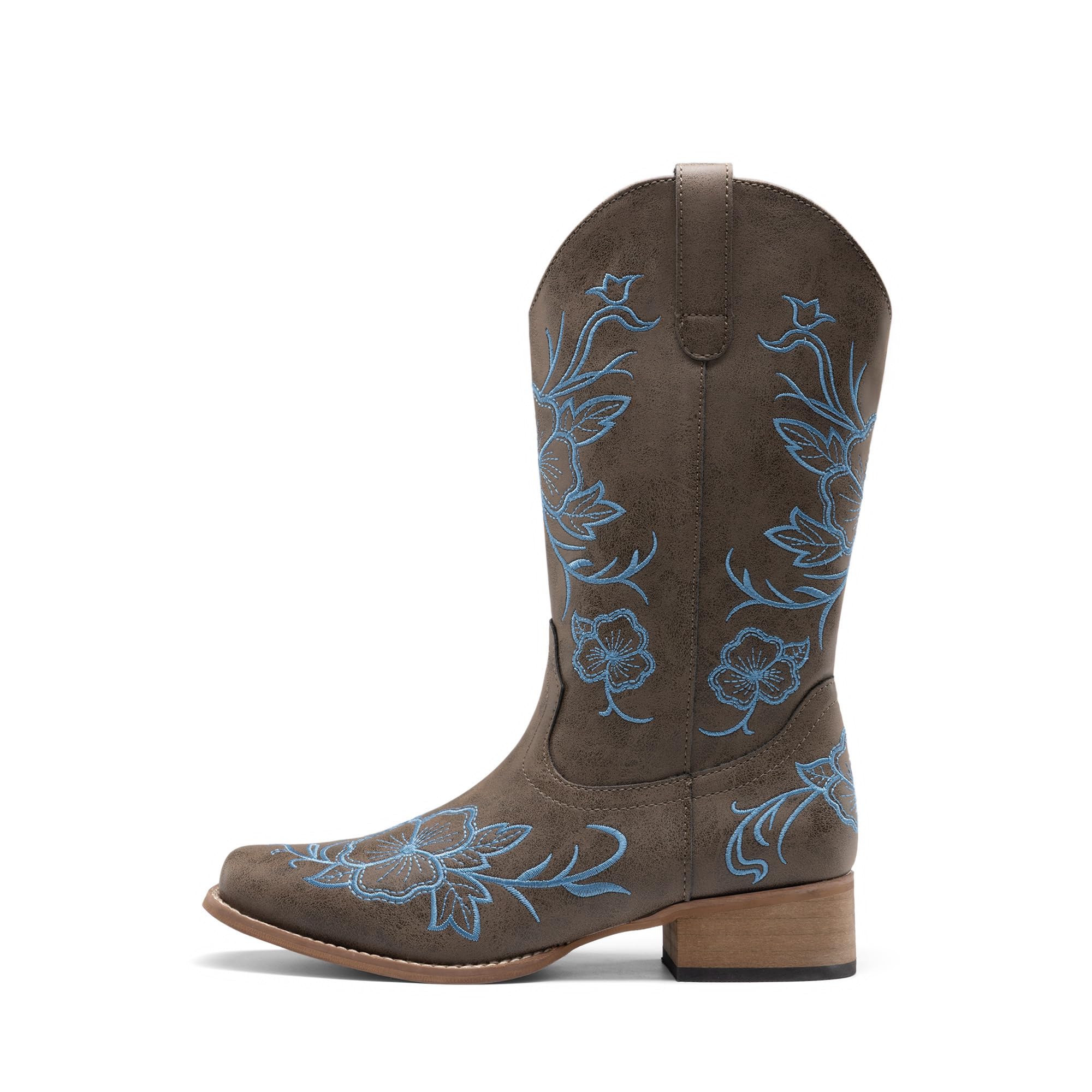 DREAM PAIRS Stivali da cowboy da donna con punta quadrata ricamata, tacco basso grosso, stile western, per festival di musica country, feste a tema e concerti, Marrone scuro, 41 EU