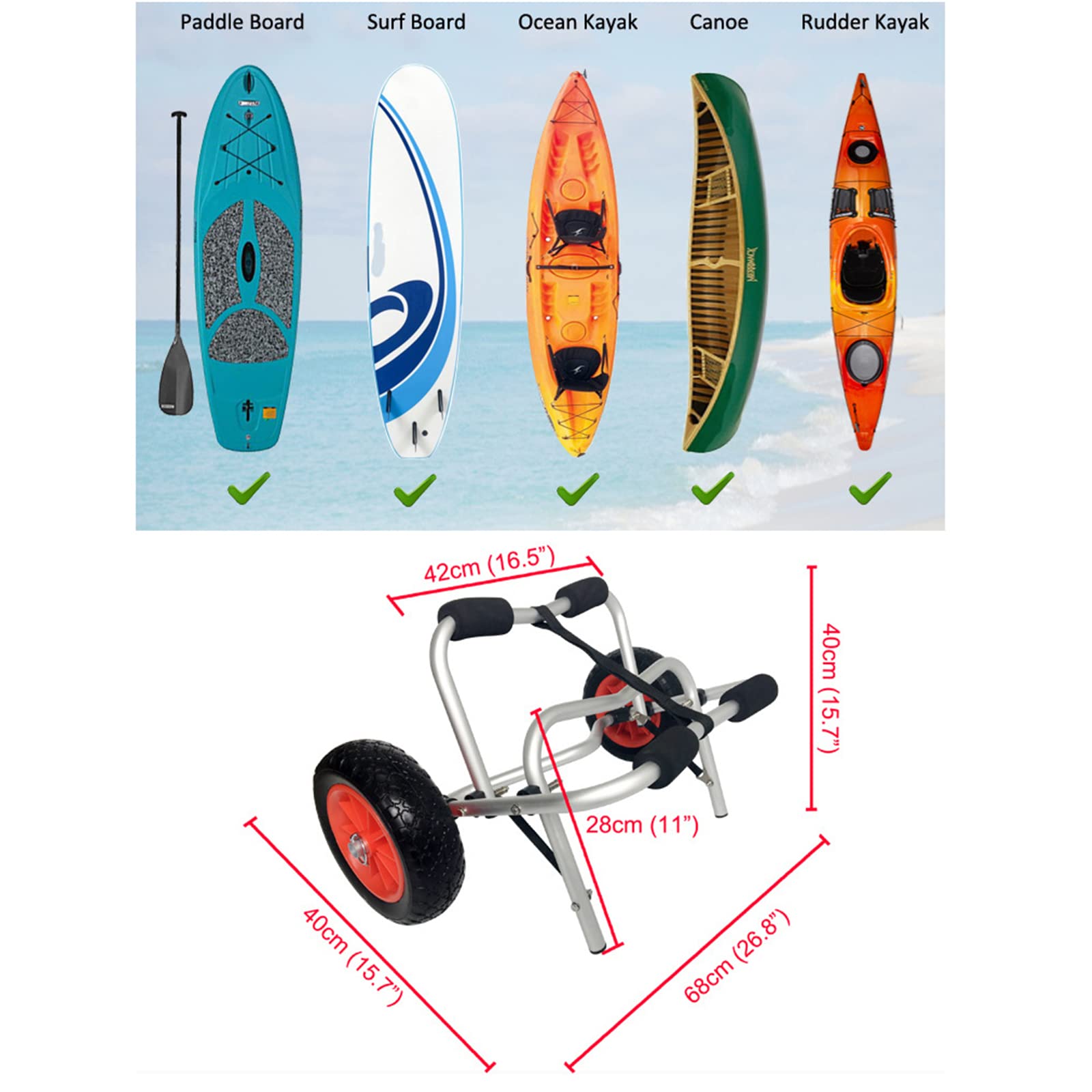 Carrito de kayak resistente para un fácil transporte en la playa, diseño ligero y portátil para kayaks y canoas, duradero y fiable