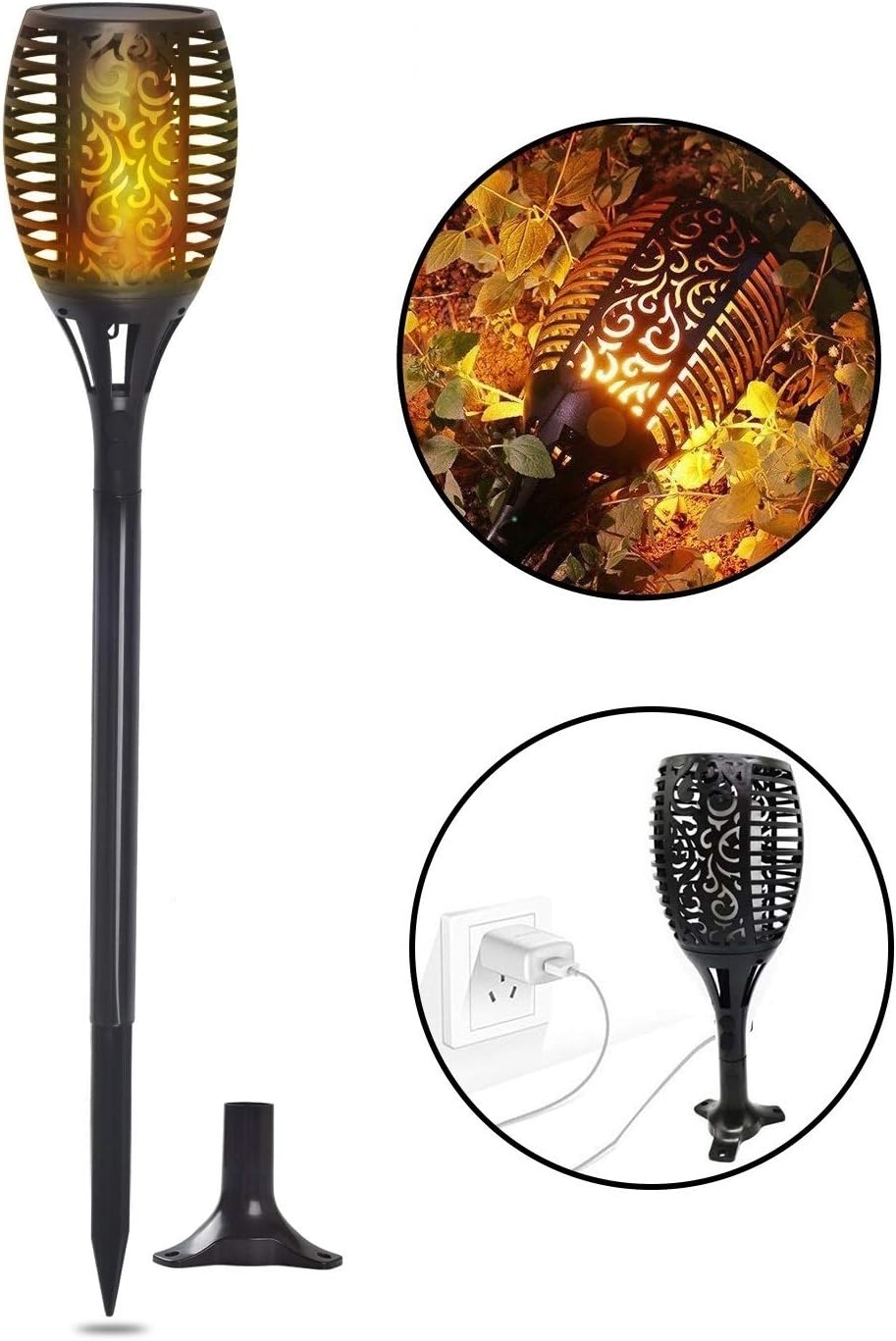 Solar Torch Lights, Waterproof Flickering Flame Solar Torches Dancing Flames Landscape USB Charging Decoration Lighting Dusk to Dawn Outdoor Security Path Light for Garden Patio Yard Driveway (1PACK)