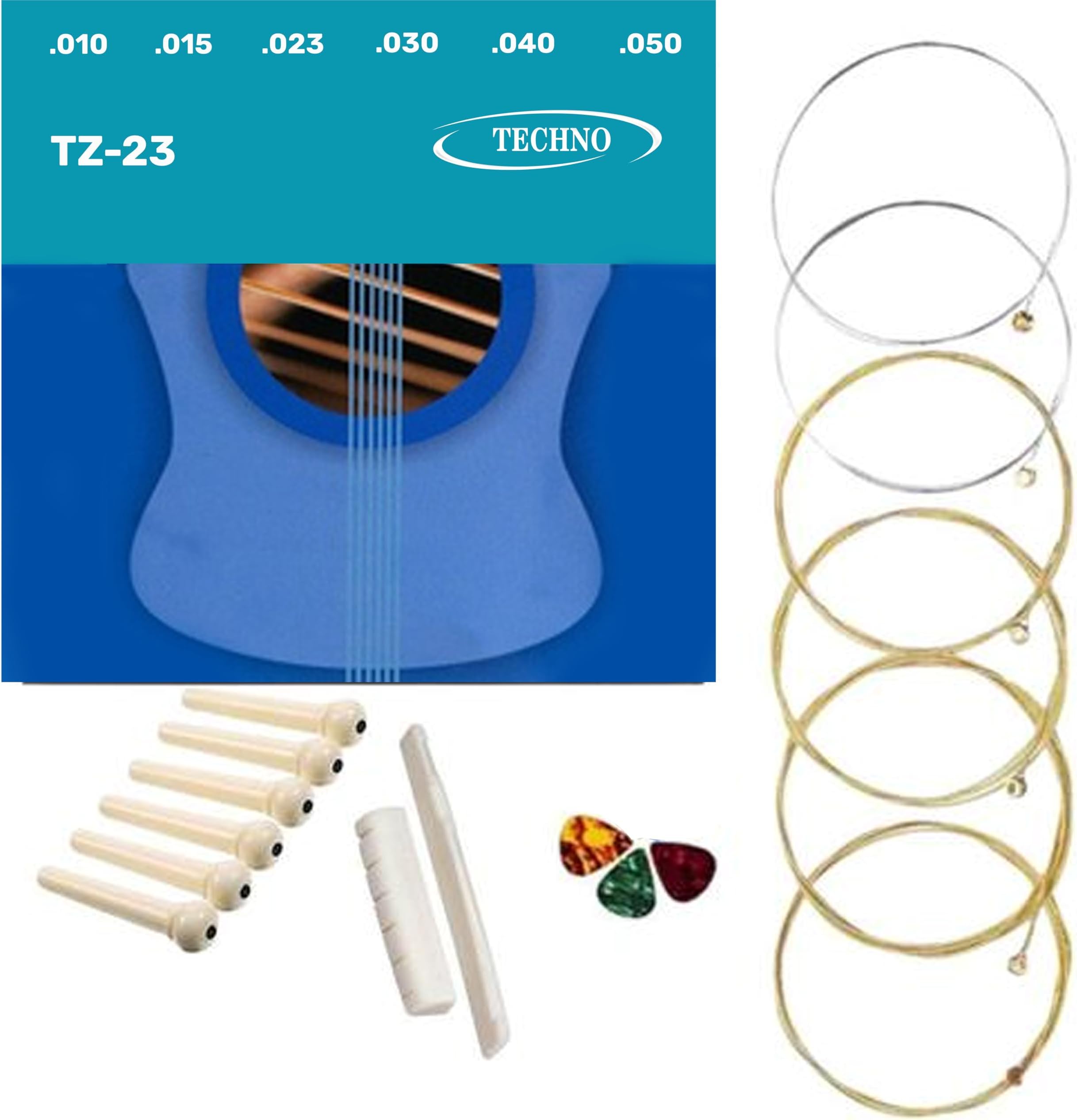 TECHNO TZ-23 Complete Acoustic Guitar String Set – Light Gauge .010–.050 Bronze Strings with Bridge Pins, Nut, Saddle & Picks for Rich Tone & Easy Restringing.