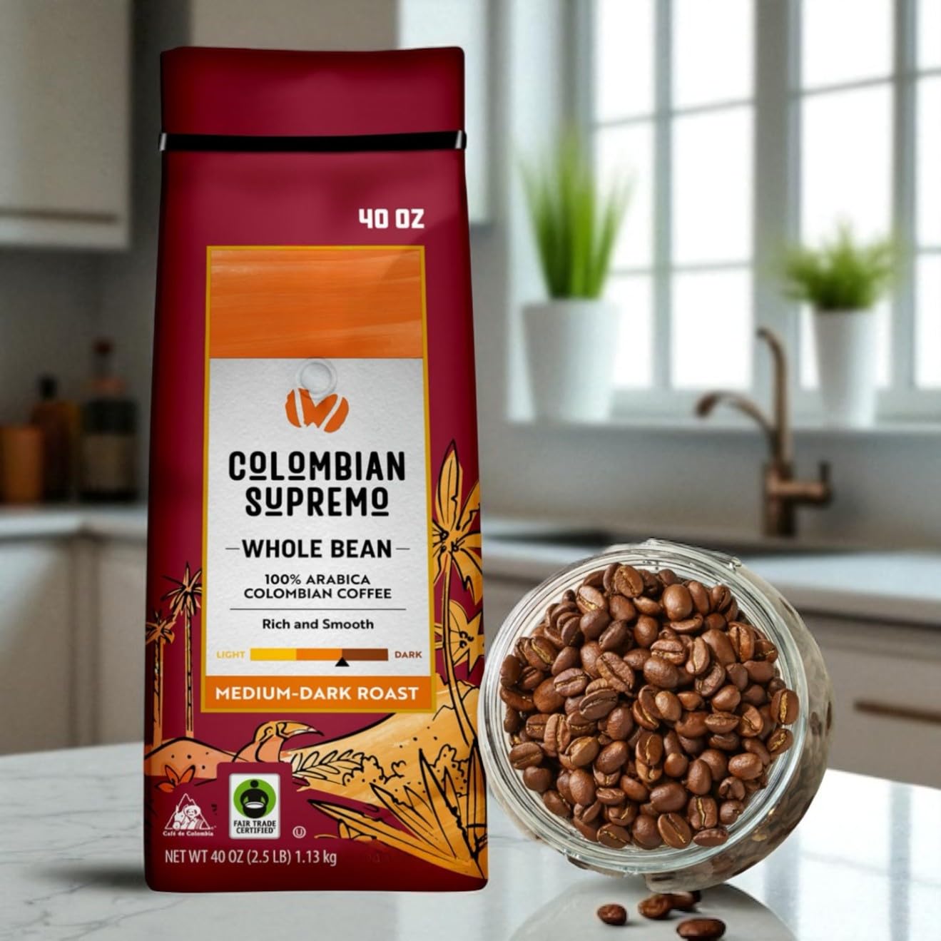 Member Mark Inspired Colombian Supremo Coffee – Whole Bean, Medium-Dark Roast, 100% Arabica, 40 oz Bag, Sweet Hazelnut & Chocolate Notes, Fair Trade Certified