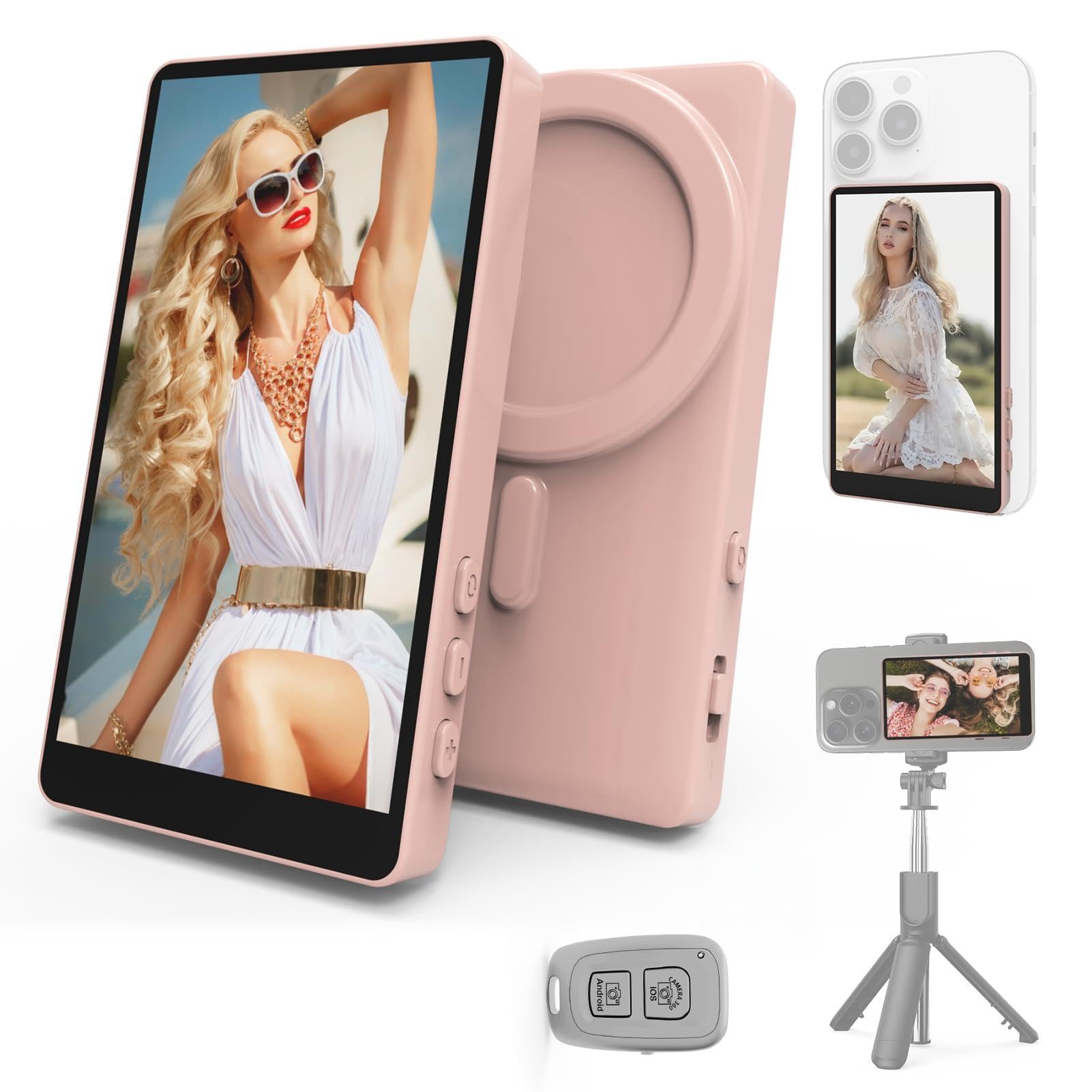 Vamvo Selfie Monitor Screen, Vlog Magnetic with Remote Control, 1080P Wireless Screen Mirroring Video Recording for Android iOS, for Content Creator, Live Stream & TikTok (Pink)