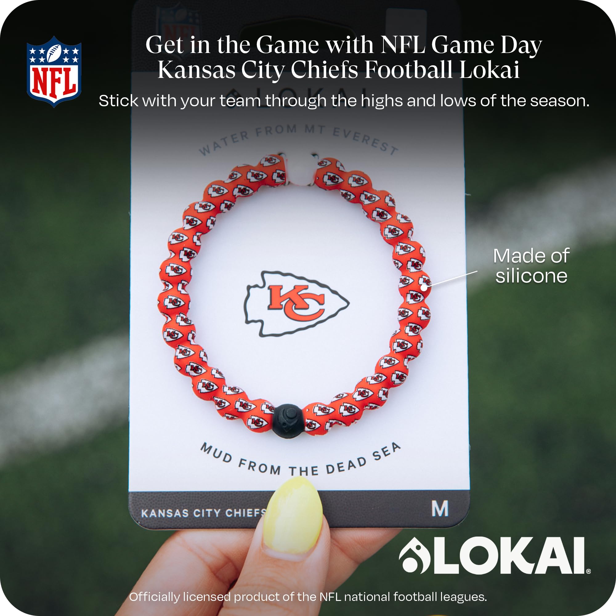 Lokai Silicone Beaded Bracelet for Men & Women, NFL Football Collection - Kansas City Chiefs, Red Logo, Large - Silicone Jewelry Fashion Bracelet Slides-On for Comfortable Fit