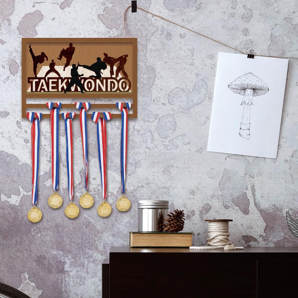 SUPERDANT 3D Taekwondo Medaillenhalter Taekwondo Silhouette Medaillen Aufbewahrung Holz Medaillen Halter Schlüsselband Turnmedaillenhalter Medaille Aufhängedekor Geschenke für Sportler