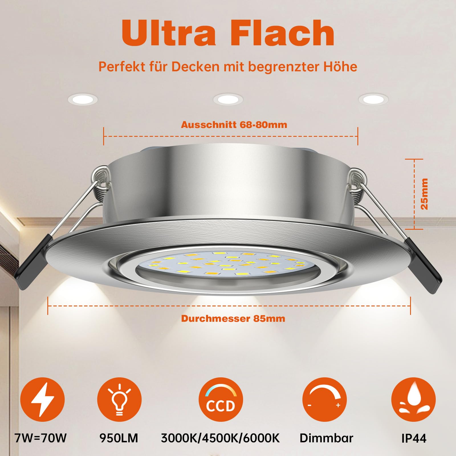 ACELIFE LED Einbaustrahler 230V, 7W 950LM Dimmbar Deckenspots Flach Einbauleuchten 68-80mm Schwenkbar Spots Warmweiß 3000K Neutralweiß 4500K Kaltweiß 6000K für Badezimmer Küche Wohnzimmer,6er Set