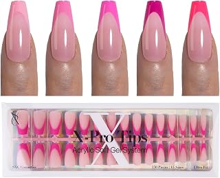 SXC Cosmetics French Tip Press On Nails 150 Pieces in 15 Sizes Ultra Fit with Pre-applied Tip Primer and Base Coat, No Need to File Fake Nails for Nail Art DIY X-Pro Tips (5PINK120-M Coffin)