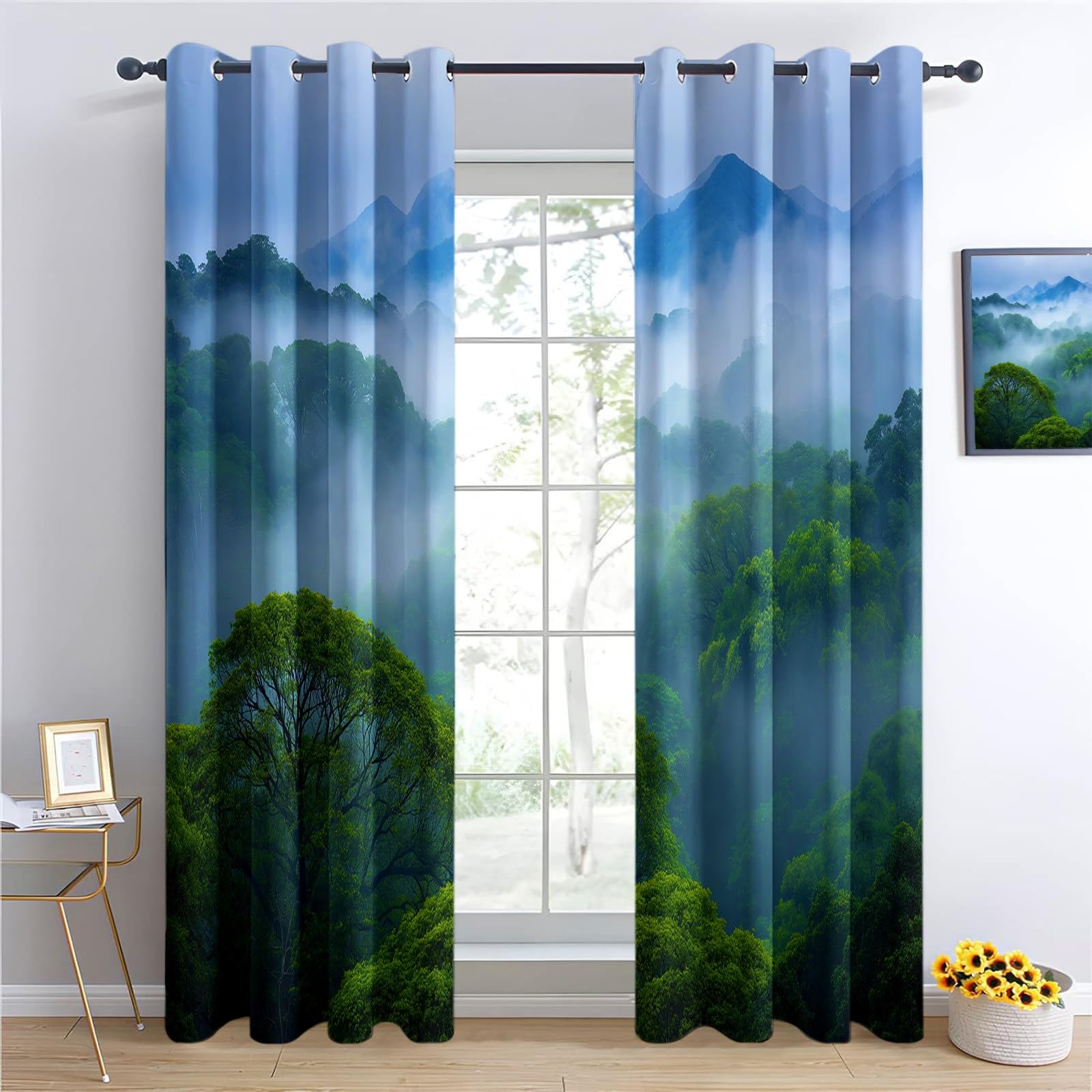 Zestaw 2 zasłon zaciemniających 110 x 215 cm (szer. x wys.), naturalne chmury lasu tropikalnego do wnętrz z oczkami zaciemniające, dekoracja do salonu, sypialni, okna, zestaw 2 sztuk