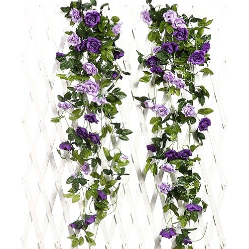 JUSTOYOU 2PCS Fake Rose Garland, 7.9FT Artificial Vines Flowers Hanging Silk Rose Vine Wedding Home Office Arch Arrangement Decoration (Purple)