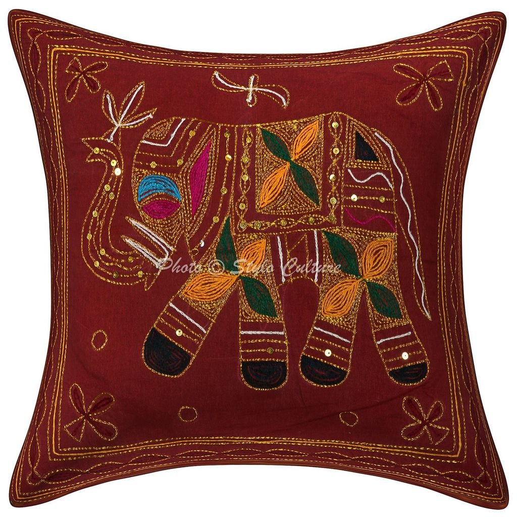 2 Federe Cuscino Tradizionali 40x40 Cm Jacquard - Elefante E Pavone Marrone Scuro, Broccato, Solo Lavasecco